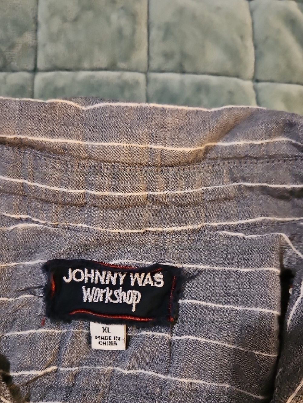 Johnny Was Blue Striped Button-Down Shirt with Pink Floral Embroidery - Picture 2 of 5
